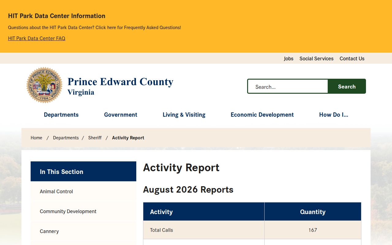 Prince Edward County Sheriff activity record report with calls-for-service entries